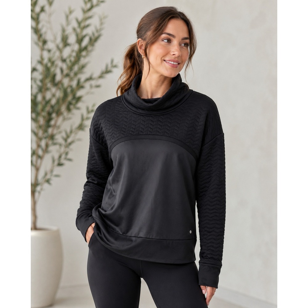 Clean Girl Black Quilted Cowl Neck Qwick-Dry Sweatshirt M Sporty Chic Activewear